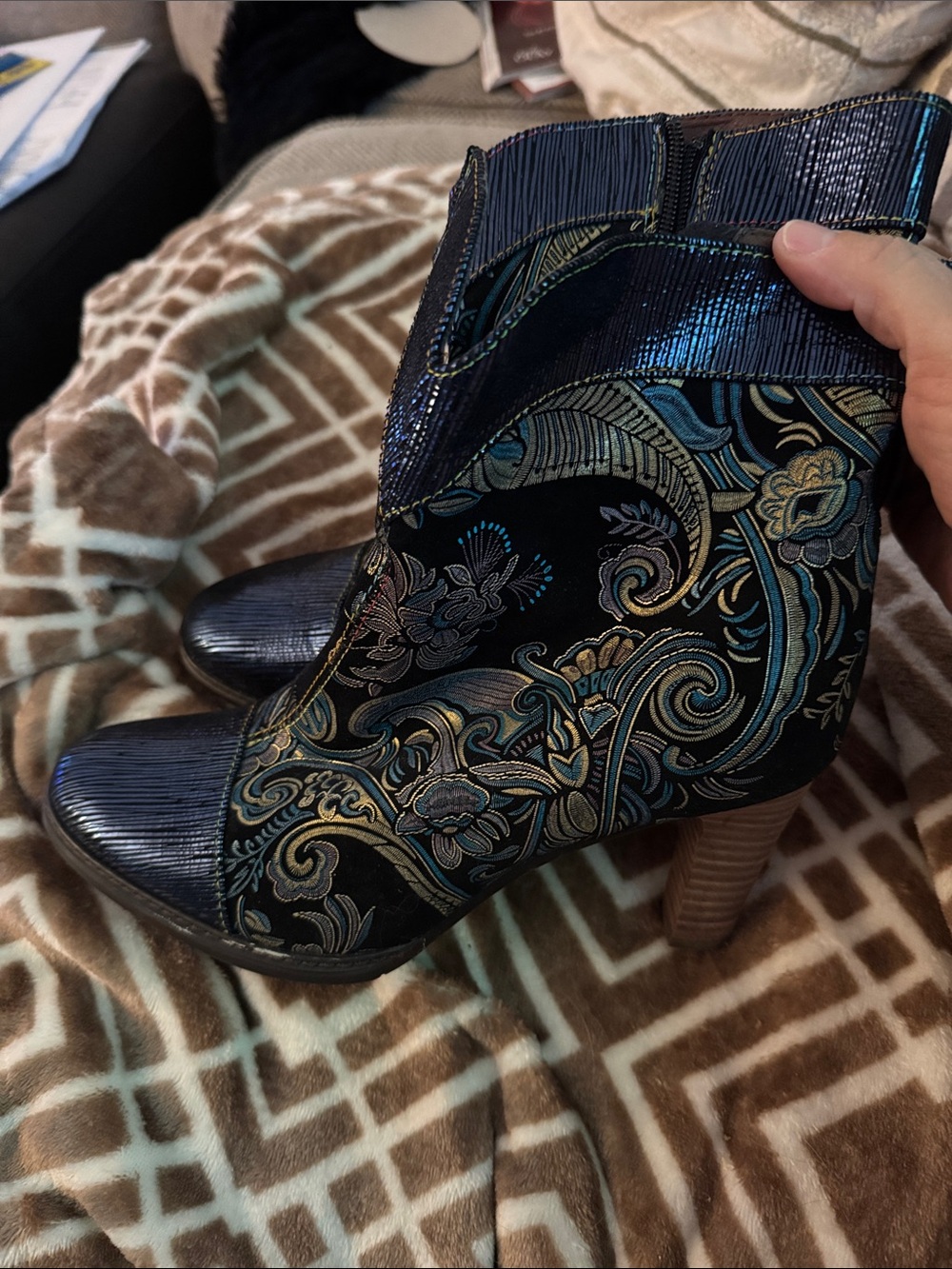 Socofy Embroidered Floral Ankle Boots in Black and Blue